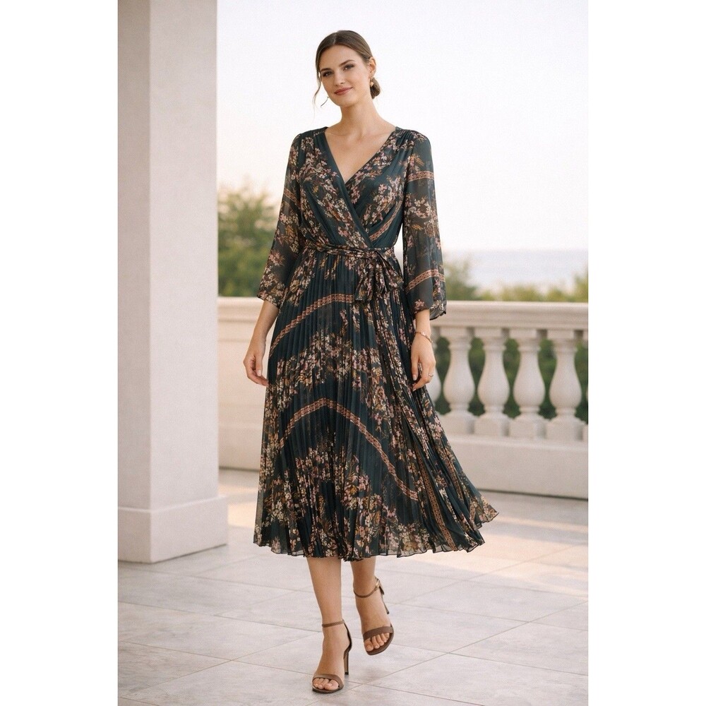 NWT Danny & Nicole Women's Green Floral Pleated Long Sleeve Dress Party Sz 18W